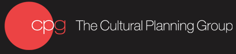 Black background with a red circle shape and organizations name The Cultural Planning Group