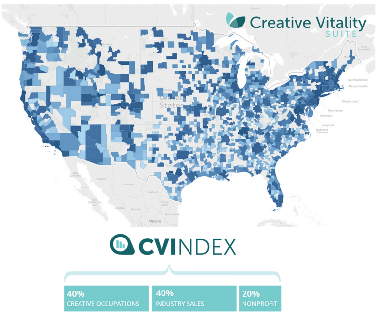 A map of the United states with areas covered in blue showing the MSA. Underneath reads text that says CVI index: 40% creative occupations; 40% industry sales and 20% nonprofit
