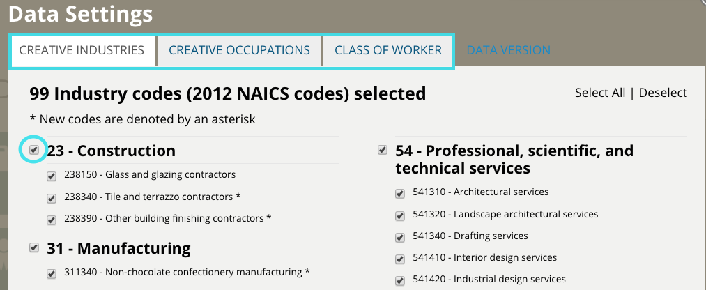 Screenshot of Data Settings page with list of industry codes and checkbox selected. 