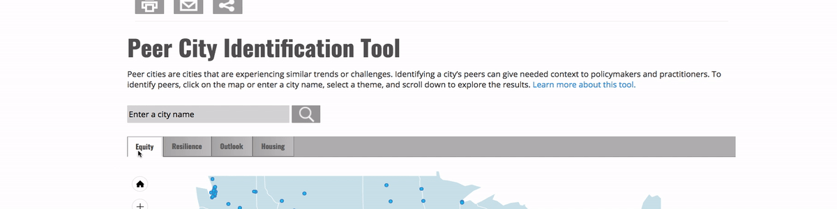 A sceenshot of the Peer CIty Tool highlighting the different options for analyzing the data