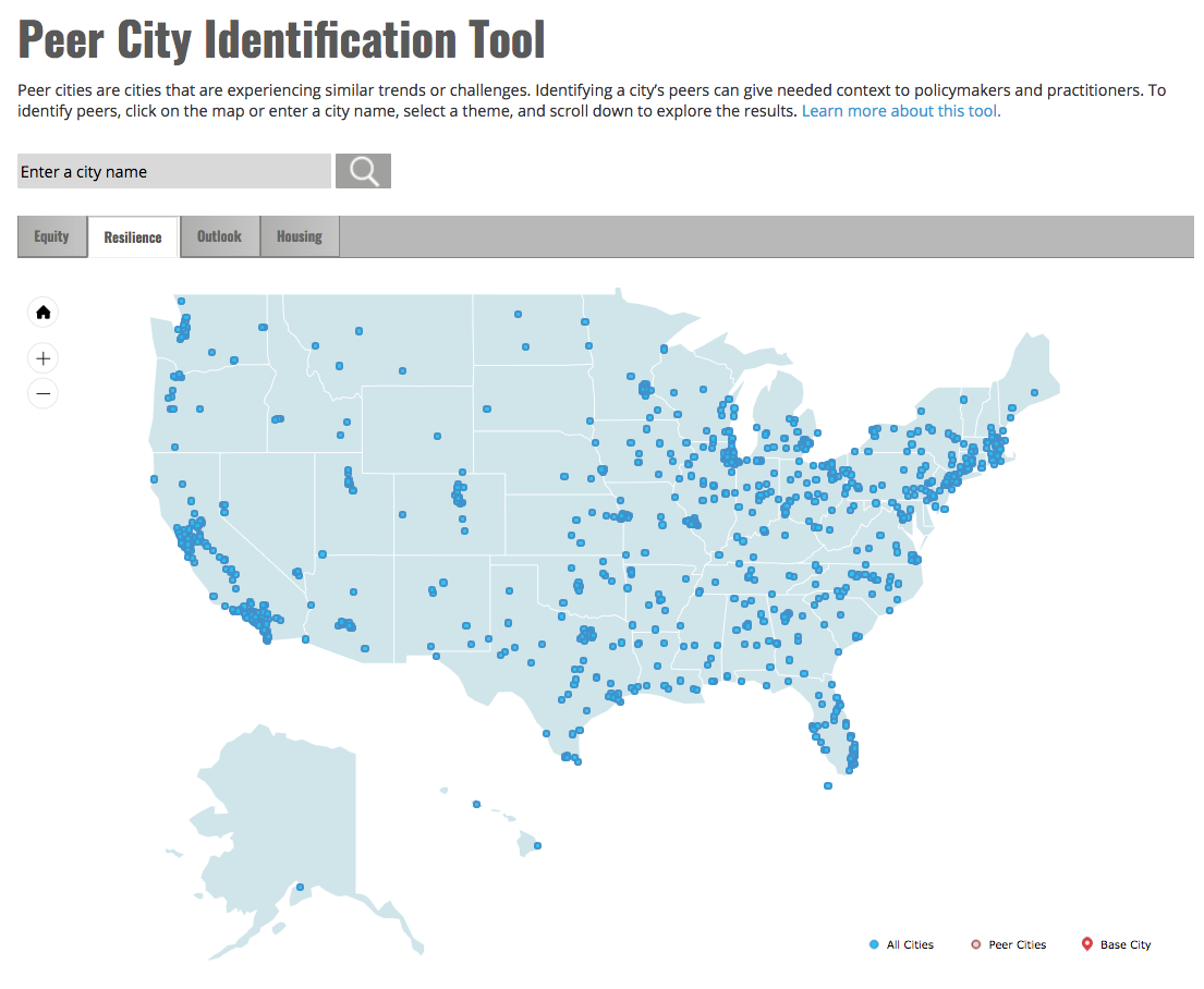 Screenshot of the Peer City Identification Tool map and sections. 