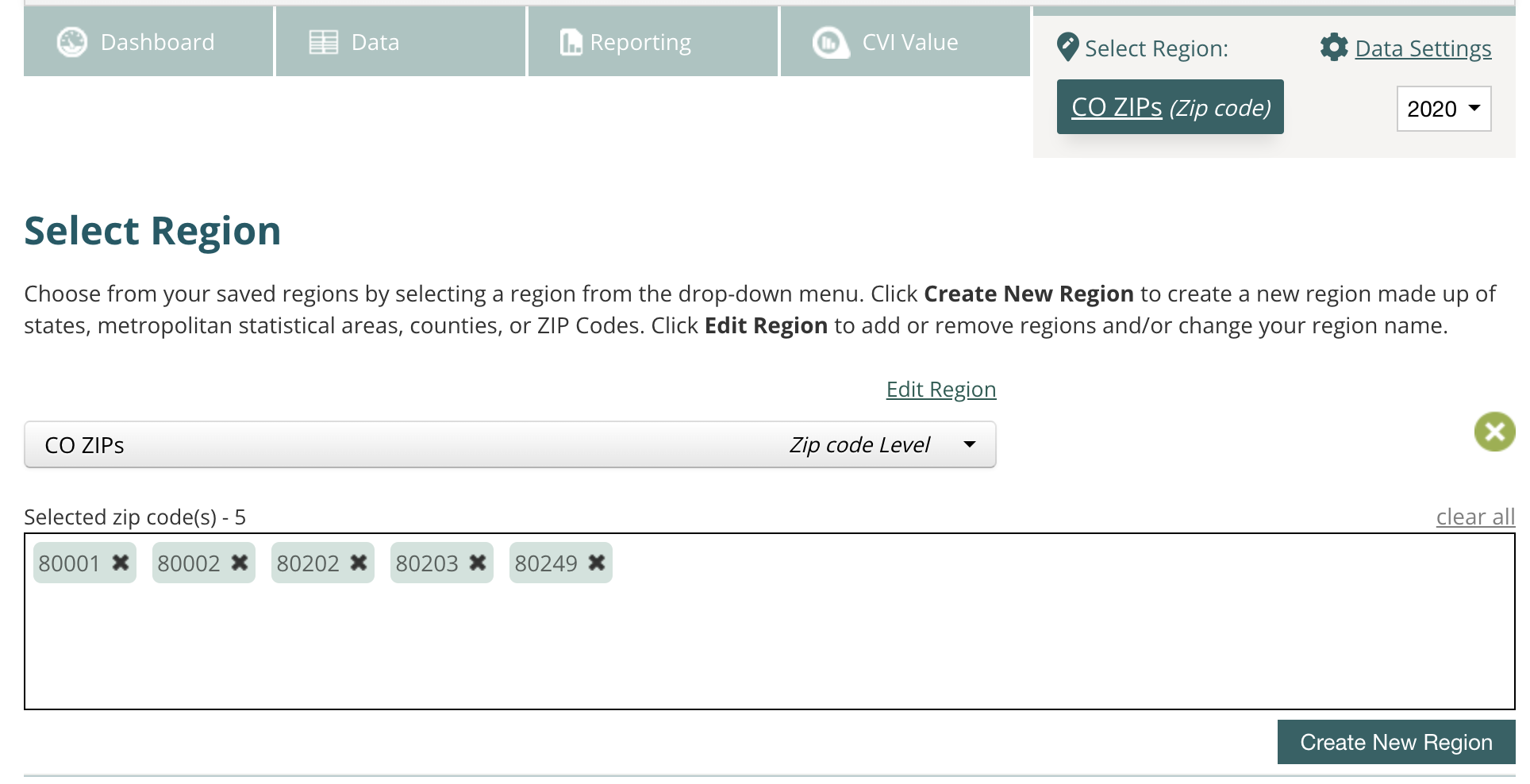screenshot of the region creation page