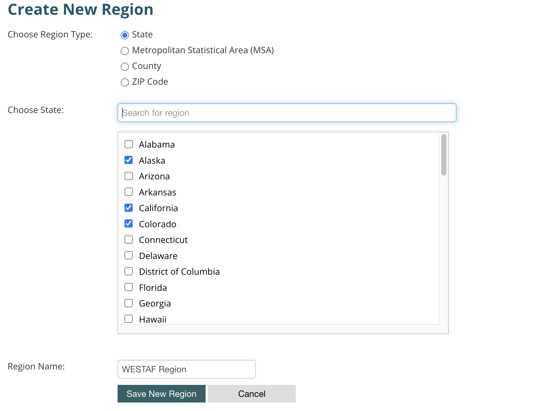 Screenshot of the new region creation page with a list of regions, a space to name the region and the save button.