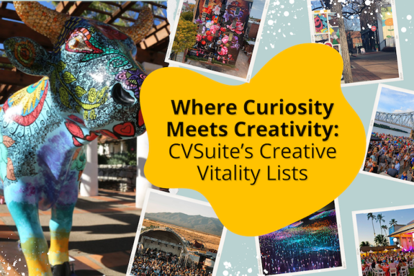 Where Curiosity Meets Creativity: CVSuite's Creative Vitality Lists written on top of a yellow shape. Several pictures of art are placed in the background.