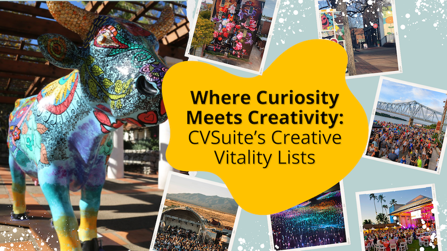 Where Curiosity Meets Creativity: CVSuite's Creative Vitality Lists written on top of a yellow shape. Several pictures of art are placed in the background.